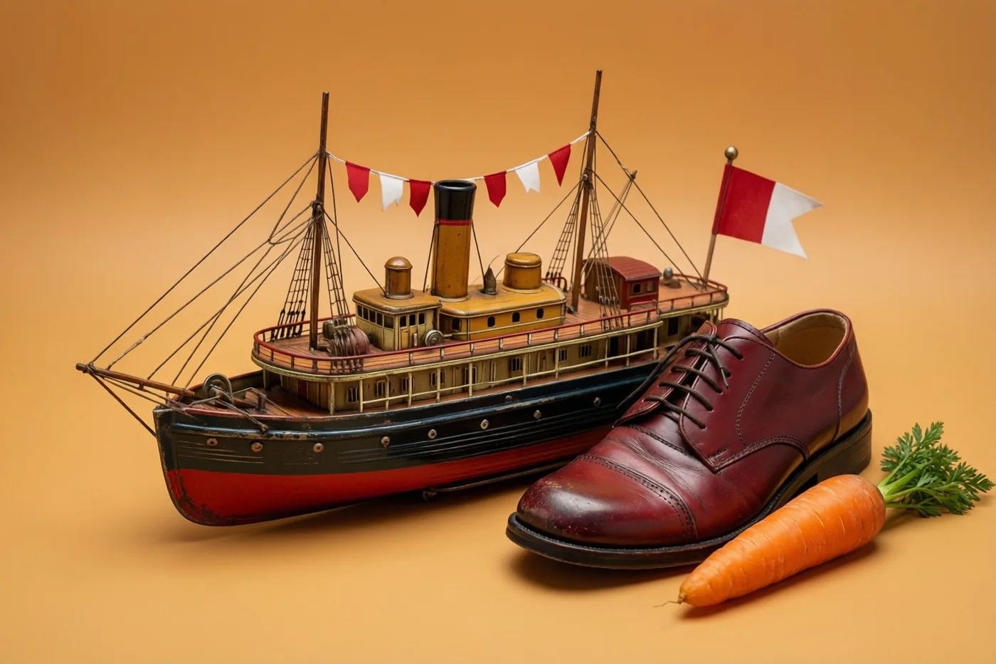 Een oud blikken stoombootje met rode en witte vlaggen staat naast een rode leren schoen en een wortel tegen een effen oranje achtergrond.