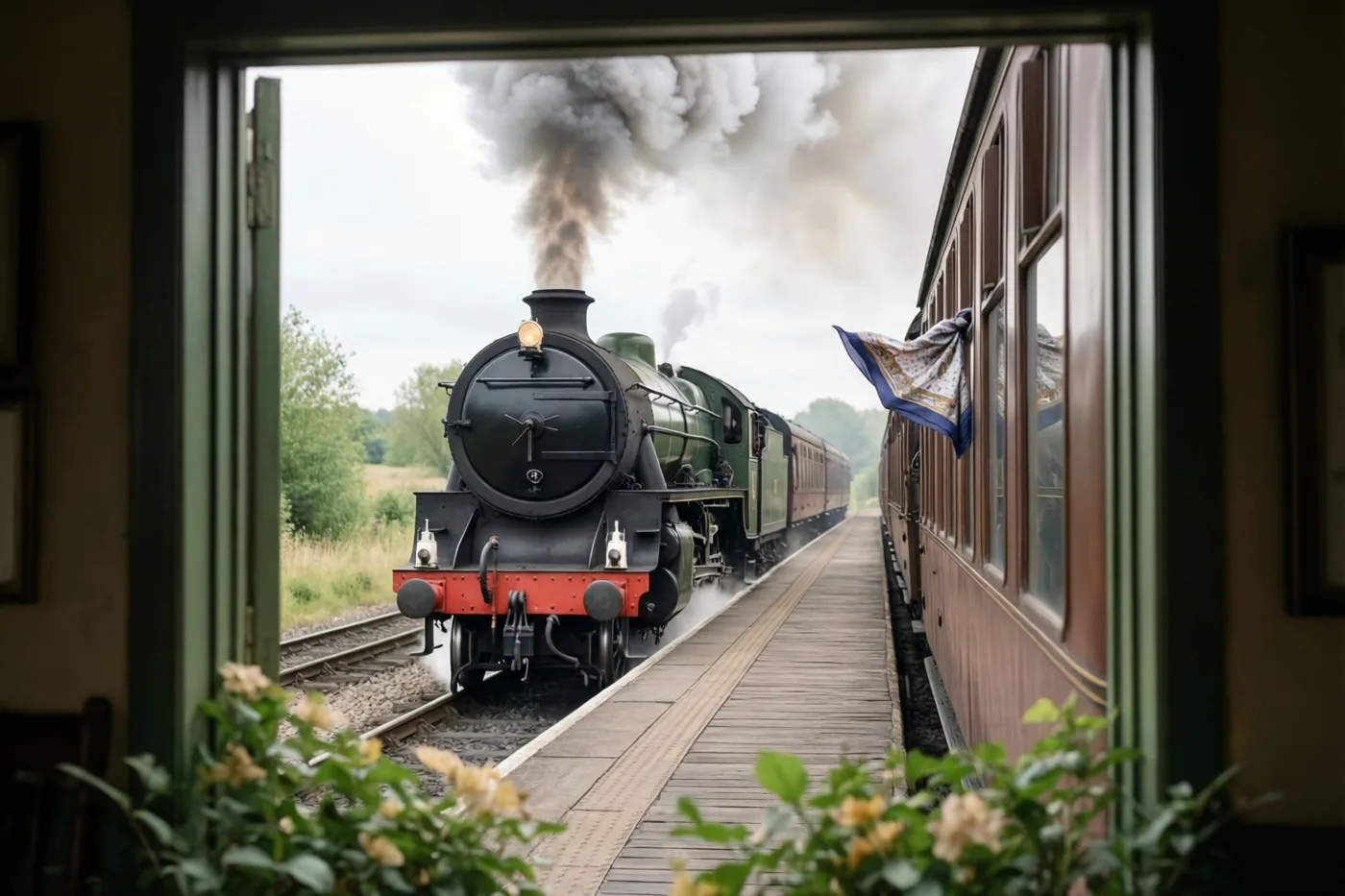 Door een open deuropening is een rokende stoomtrein te zien die vertrekt langs een houten perron, in groene en bruine tinten.