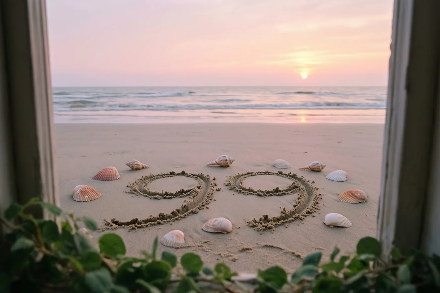 Door een raamkozijn met groen op de voorgrond is 99 in het strandzand tussen schelpen te zien, met roze en oranje tinten van de ondergaande zon boven zee.