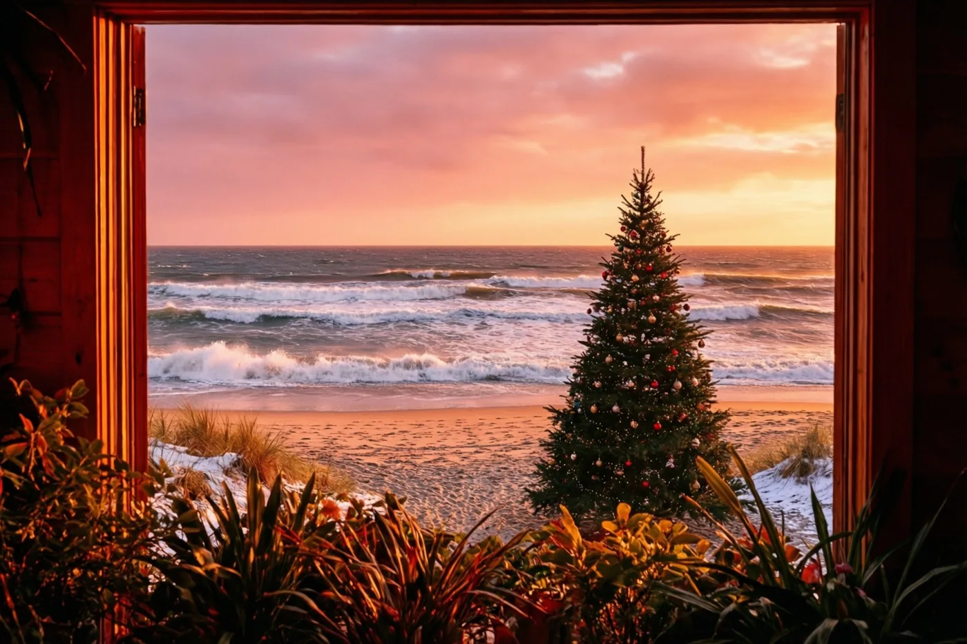 Door een open deuropening is een versierde dennenboom op een zandstrand met sneeuwplekken te zien, met golven onder een roze-oranje zonsondergang.