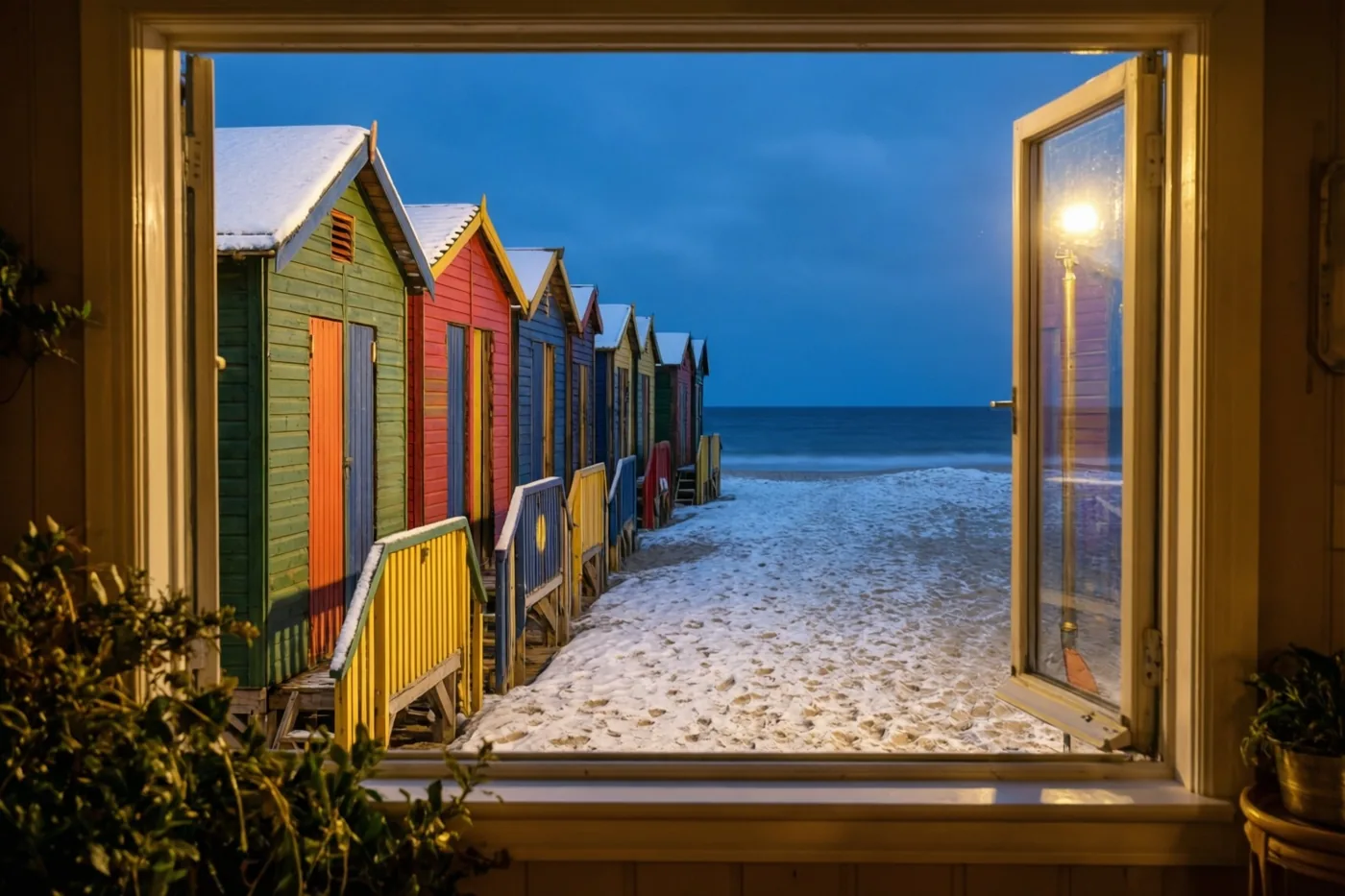 Door een open raam zijn kleurrijke strandcabines met besneeuwde daken op een leeg, besneeuwd strand te zien, met warm licht binnen en een blauwe schemerhemel boven zee.