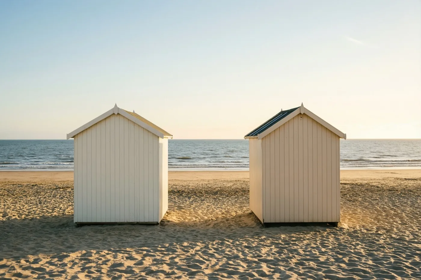Twee strandcabines staan naast elkaar op een zandstrand, naar zee gericht onder een heldere hemel in warm goudkleurig licht.