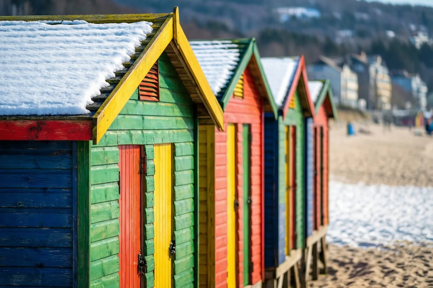 Felgekleurde houten strandcabines met sneeuw op hun daken staan langs een leeg zandstrand, met onscherpe huizen en heuvels op de achtergrond onder een heldere hemel.
