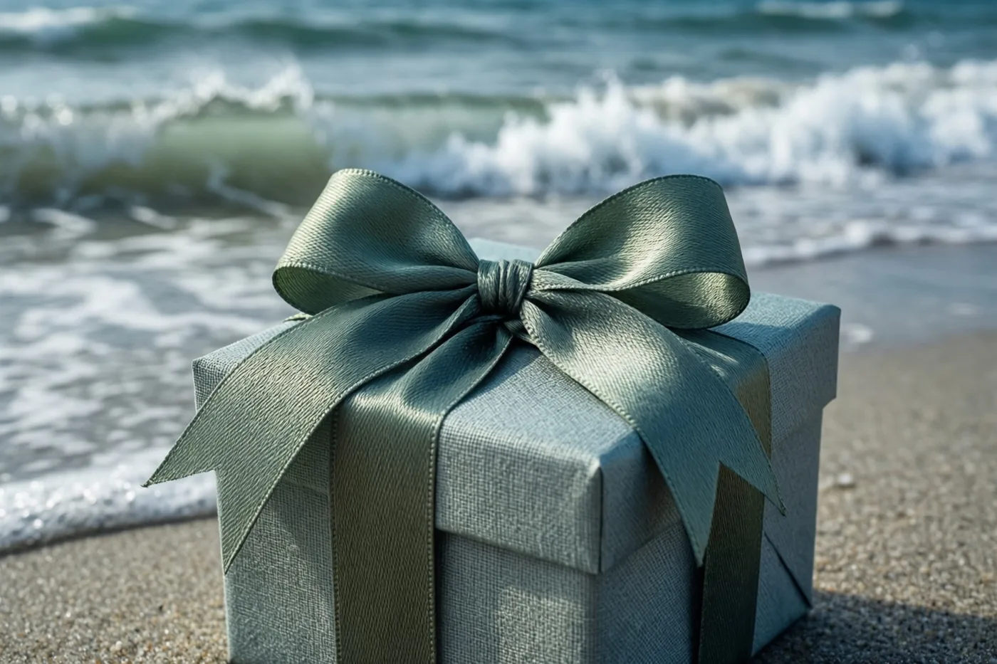 Een geschenkdoos met een grote groene strik staat op een zandstrand, met aanrollende golven op de achtergrond en vooral groene en blauwe tinten.