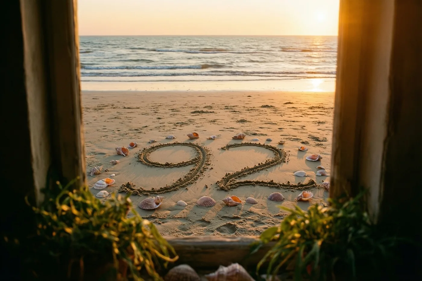 Door een houten raam met zeewier onderaan is het getal 92 in het strandzand te zien, met de zee in goudkleurig licht bij zonsondergang.