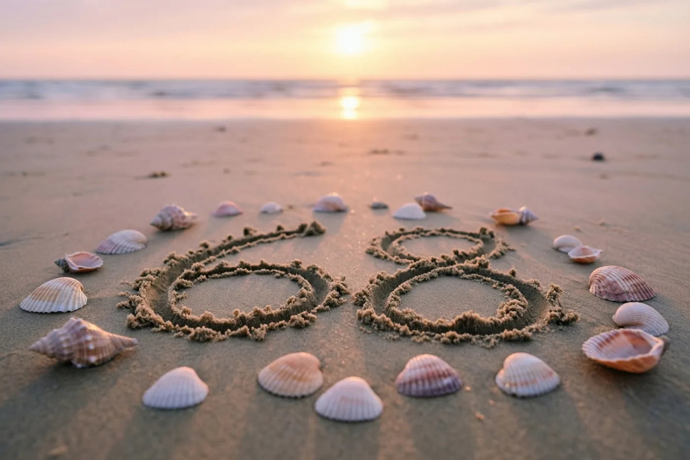 Het getal 68 is in het strandzand getekend tussen verspreide schelpen, in het gouden en oranje licht van de zonsondergang.