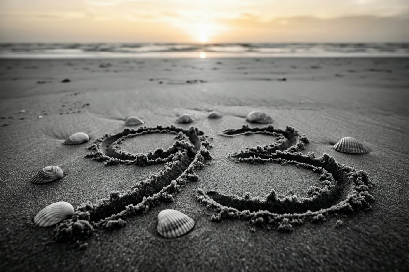 Een zwart-witfoto toont 93 in het strandzand tussen verspreide schelpen bij zonsondergang.