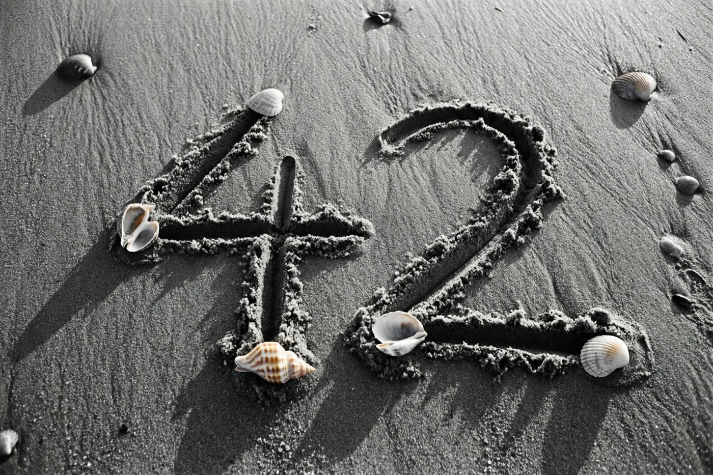Een zwart-witfoto toont het getal 42 in het strandzand, omringd door verspreide schelpen.