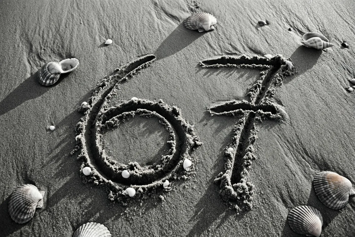 Een zwart-witfoto toont het getal 67 in het strandzand met verspreide schelpen eromheen.