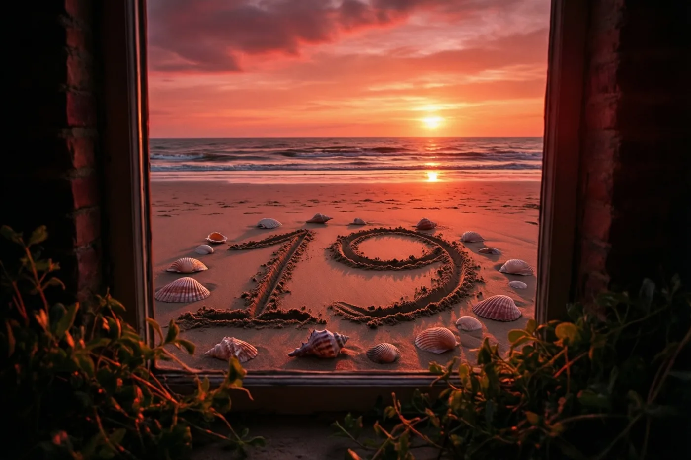 Door een raamkozijn is 19 in het strandzand te zien tussen schelpen bij zonsondergang, met groen op de voorgrond en oranje en rode tinten.