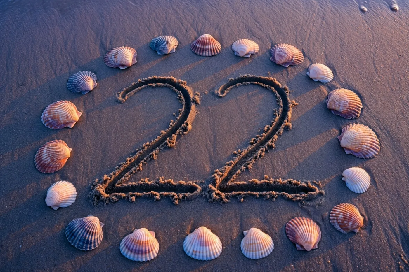 Het getal 22 is in het strandzand getekend tussen schelpen bij zonsondergang, in oranje, roze en paarse tinten.