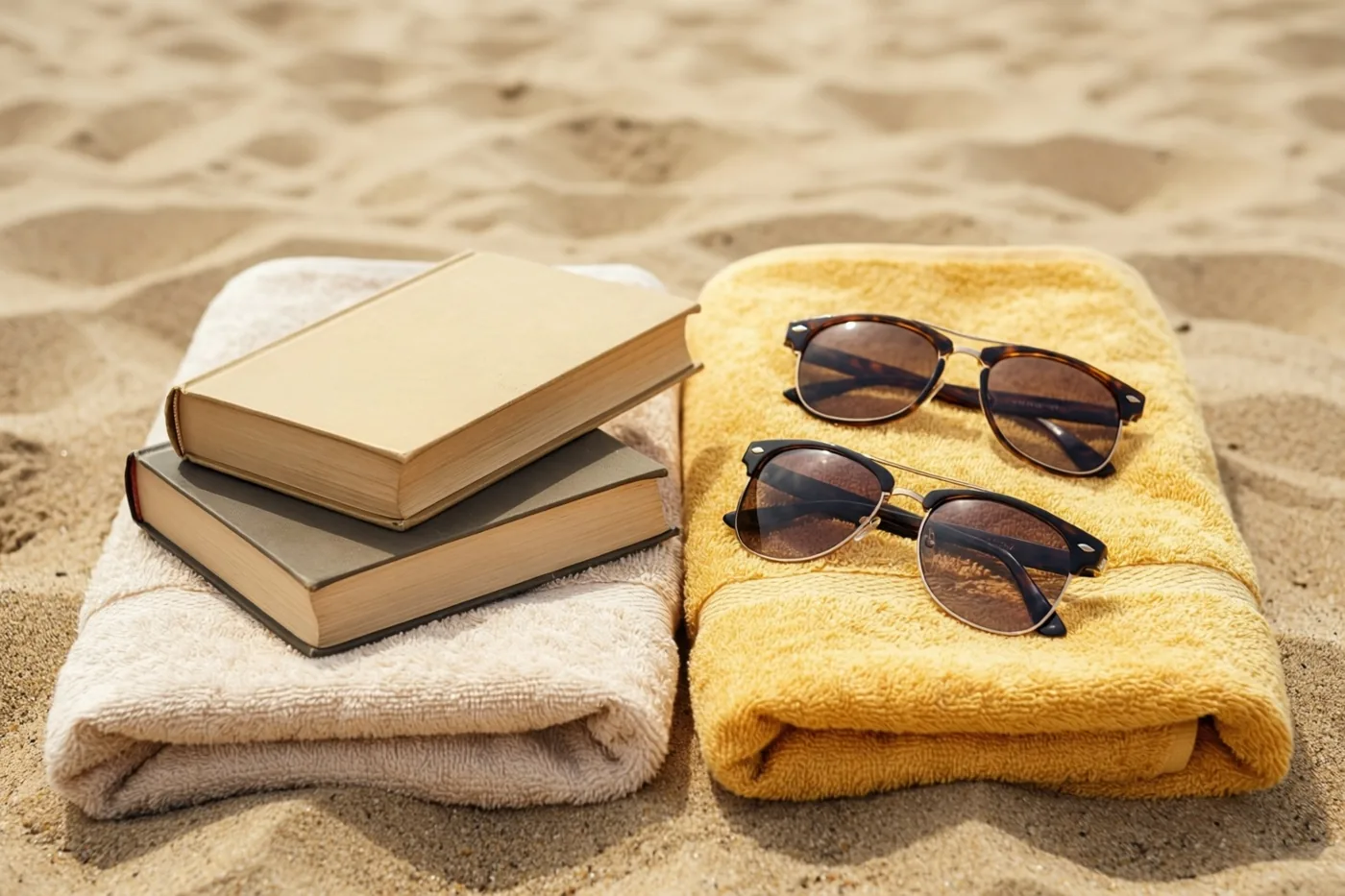 Een beige en een gele opgevouwen strandhanddoek liggen naast elkaar op het zand, elk met een zonnebril en een stapeltje van twee boeken.
