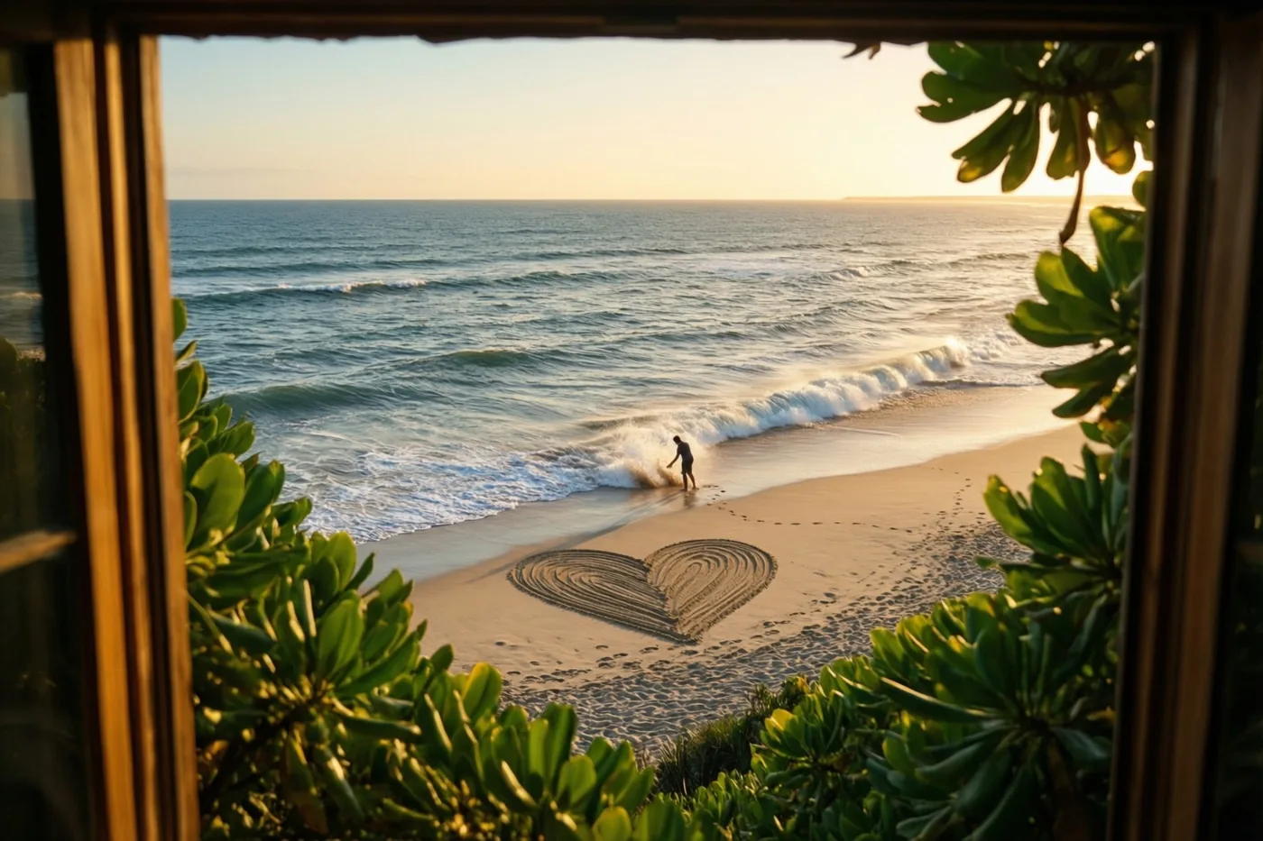 Door een houten raamkozijn met groen aan beide kanten is een hart in het strandzand te zien dat door een golf wordt geraakt, in warm goudkleurig licht.