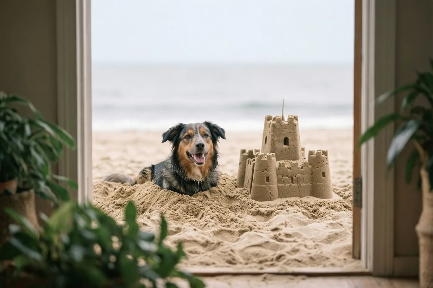 Door een open houten deuropening met kamerplanten is een hond te zien die tot aan zijn nek in het zand zit naast een zandkasteel, met de zee op de achtergrond.