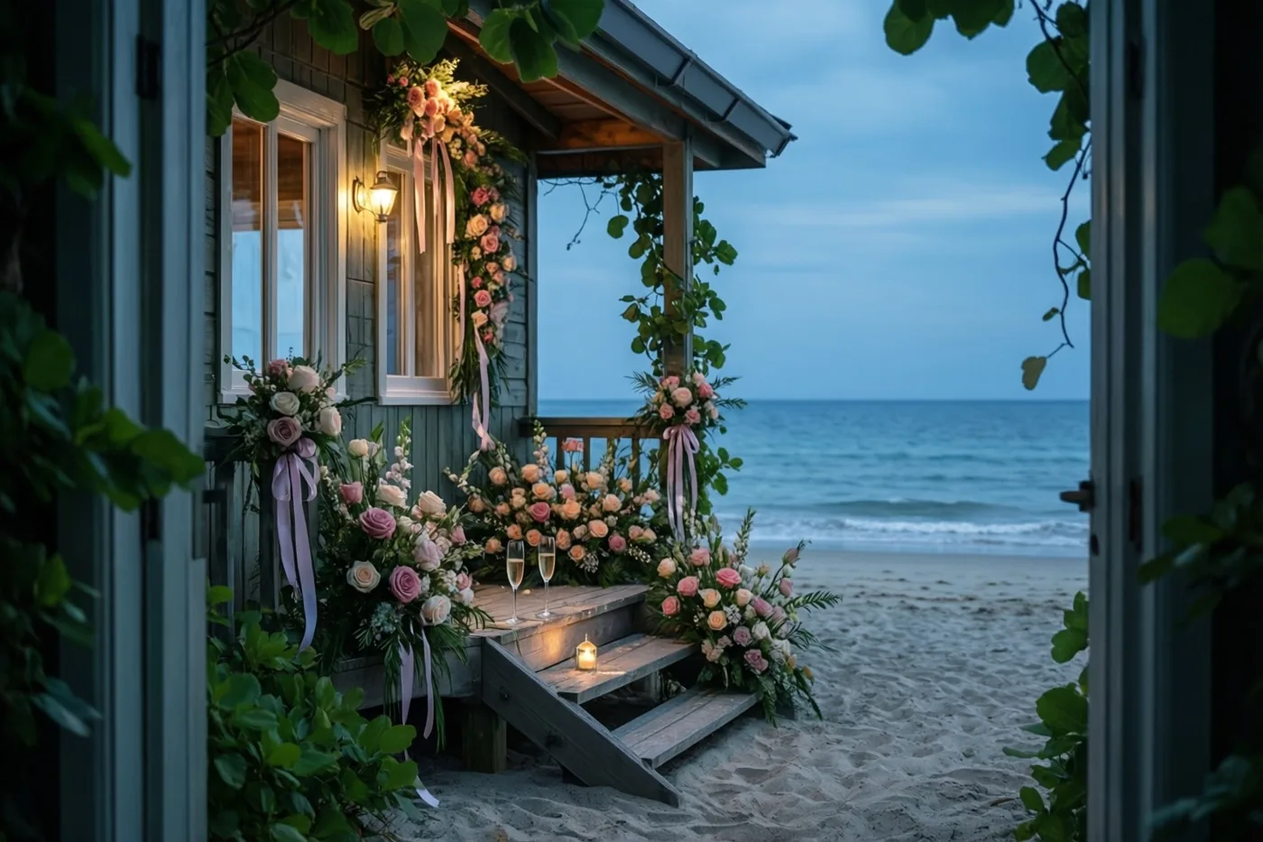 Door een open deuropening is een houten strandhuisje met roze en witte rozen en linten te zien, met twee champagneglazen en een kaars op de treden en de zee bij schemering op de achtergrond.