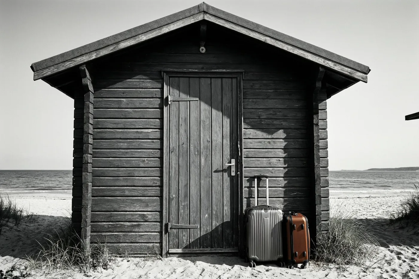 Een houten strandhuisje met gesloten deur staat met twee koffers op een zanderige oever, in zwart-wit met één oranje koffer als kleuraccent.