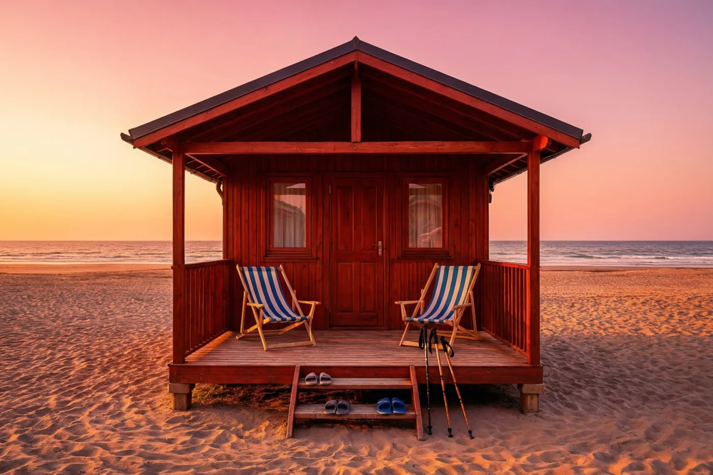 Bij een houten strandhuisje staan twee blauwwit gestreepte ligstoelen op de veranda, met twee wandelstokken tegen een stoel en twee paar pantoffels op de treden onder een roze-oranje avondhemel.
