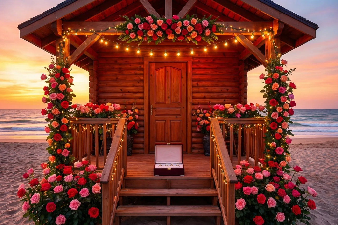 Een houten strandhuisje is rijkelijk versierd met rode en roze rozen en lichtslingers, met een open ringdoosje op de voorste treden en de zee erachter bij zonsondergang.