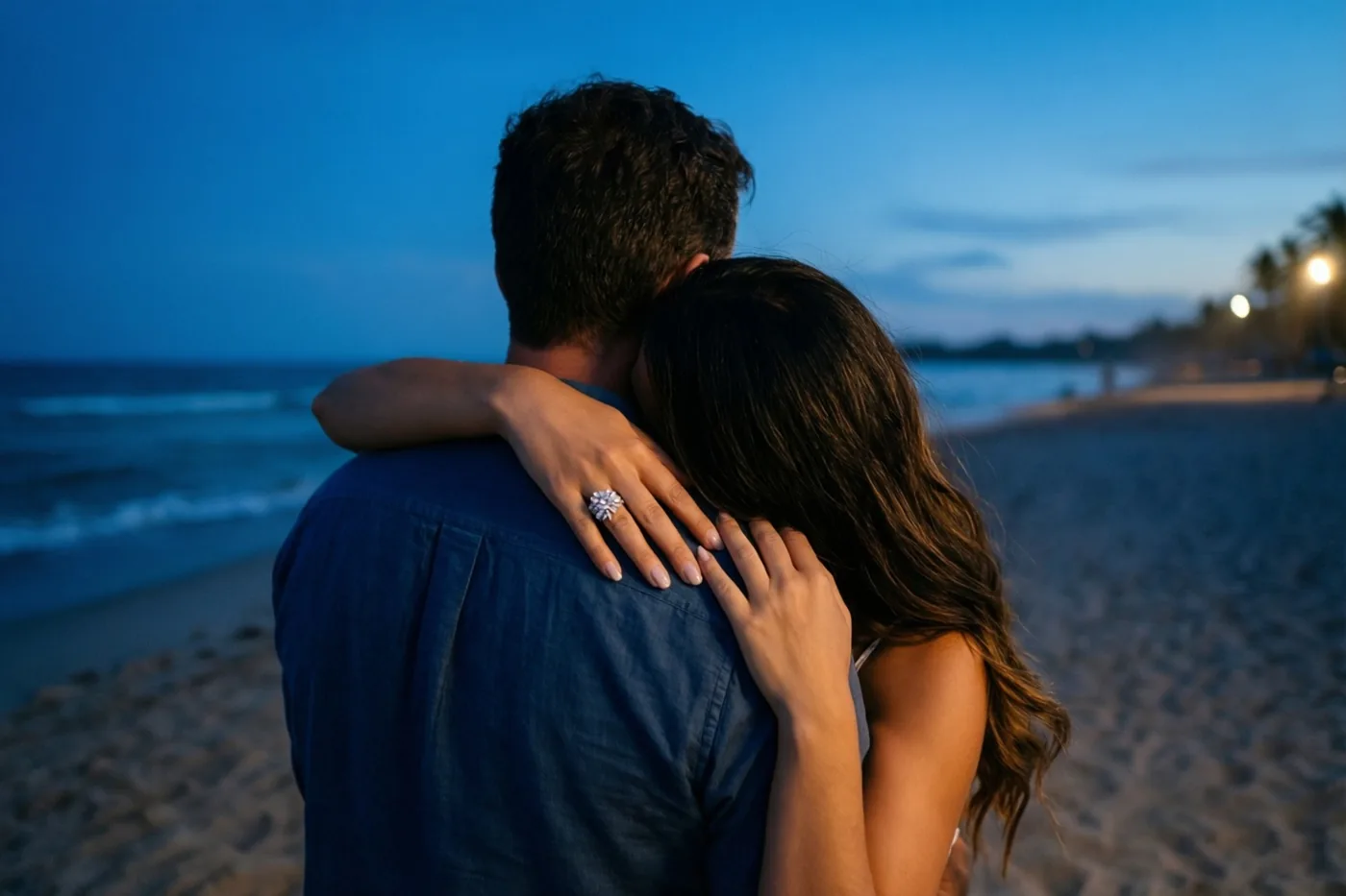 Een koppel omhelst elkaar met de rug naar de camera op een strand in de schemering, met een fonkelende ring aan de hand van de vrouw op de schouder van de man, in blauwe en warme tinten.