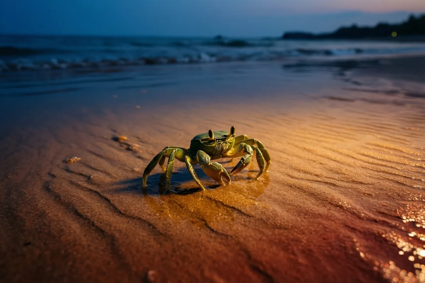 Een kleine groene strandkrab loopt bij laagwater over geribbeld nat zand, met de zee erachter in diepblauwe en goudoranje tinten.