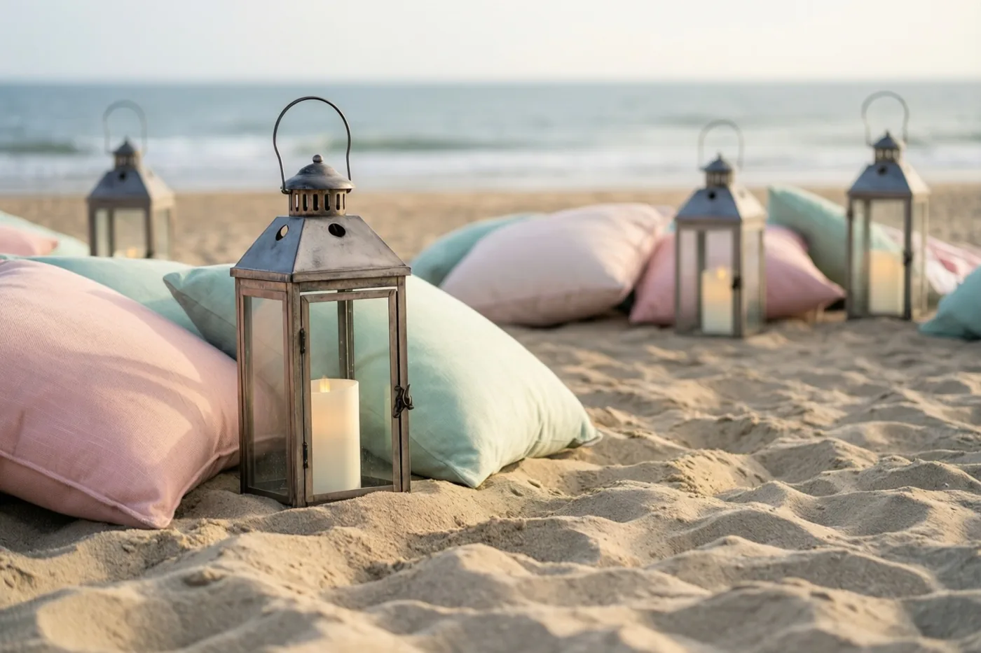Metalen lantaarns met brandende kaarsen staan tussen pastelroze en mintgroene kussens op een zandstrand met de blauwgrijze zee op de achtergrond.