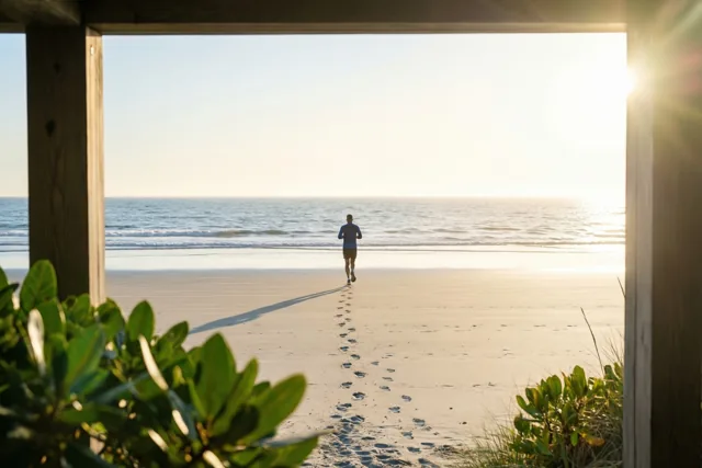 Tussen houten palen en groen op de voorgrond is een loper van achteren te zien op een breed, verder leeg strand, met verse voetsporen langs de vloedlijn en de zee en opkomende zon erachter.