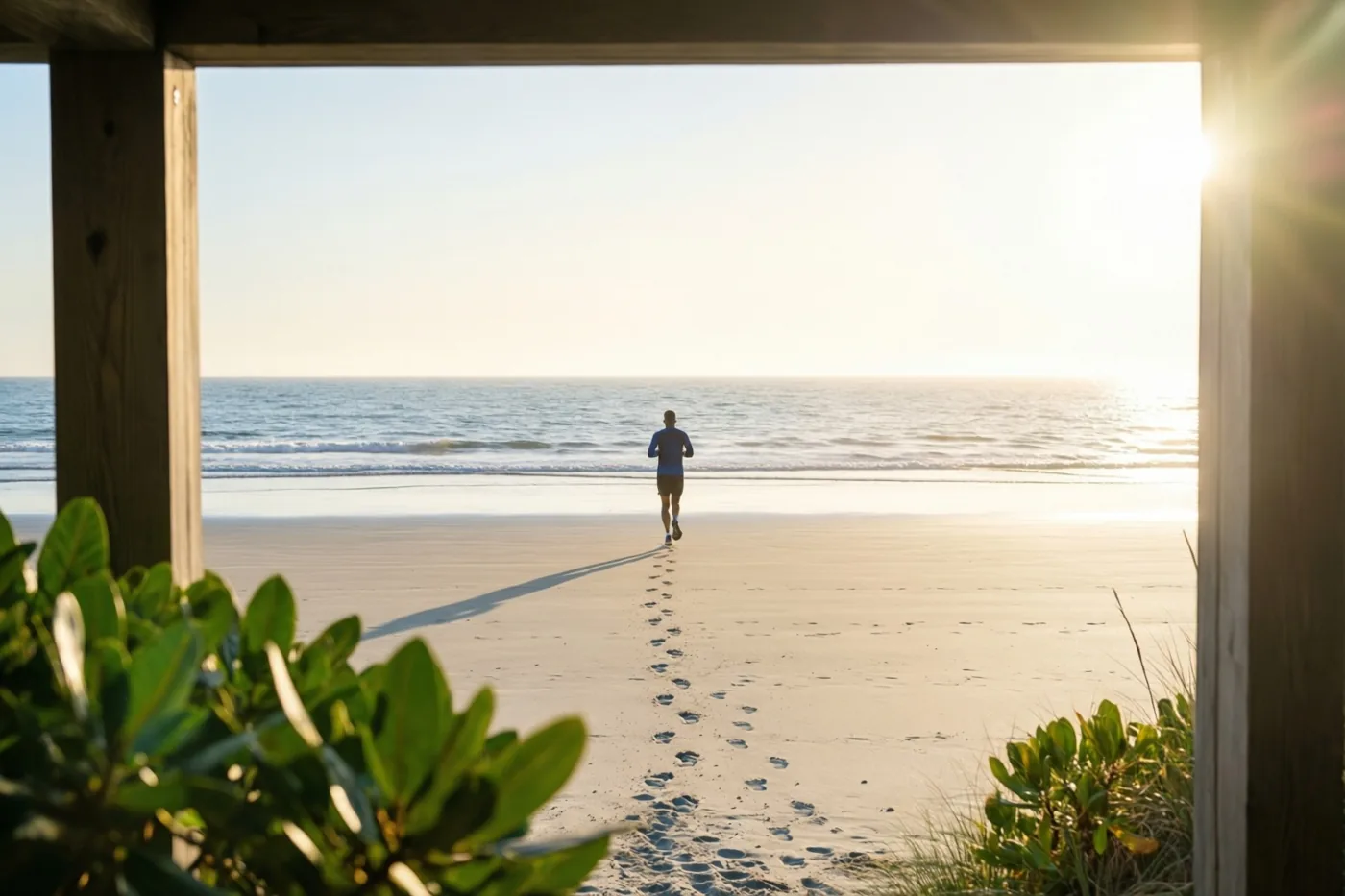 Tussen houten palen en groen op de voorgrond is een loper van achteren te zien op een breed, verder leeg strand, met verse voetsporen langs de vloedlijn en de zee en opkomende zon erachter.