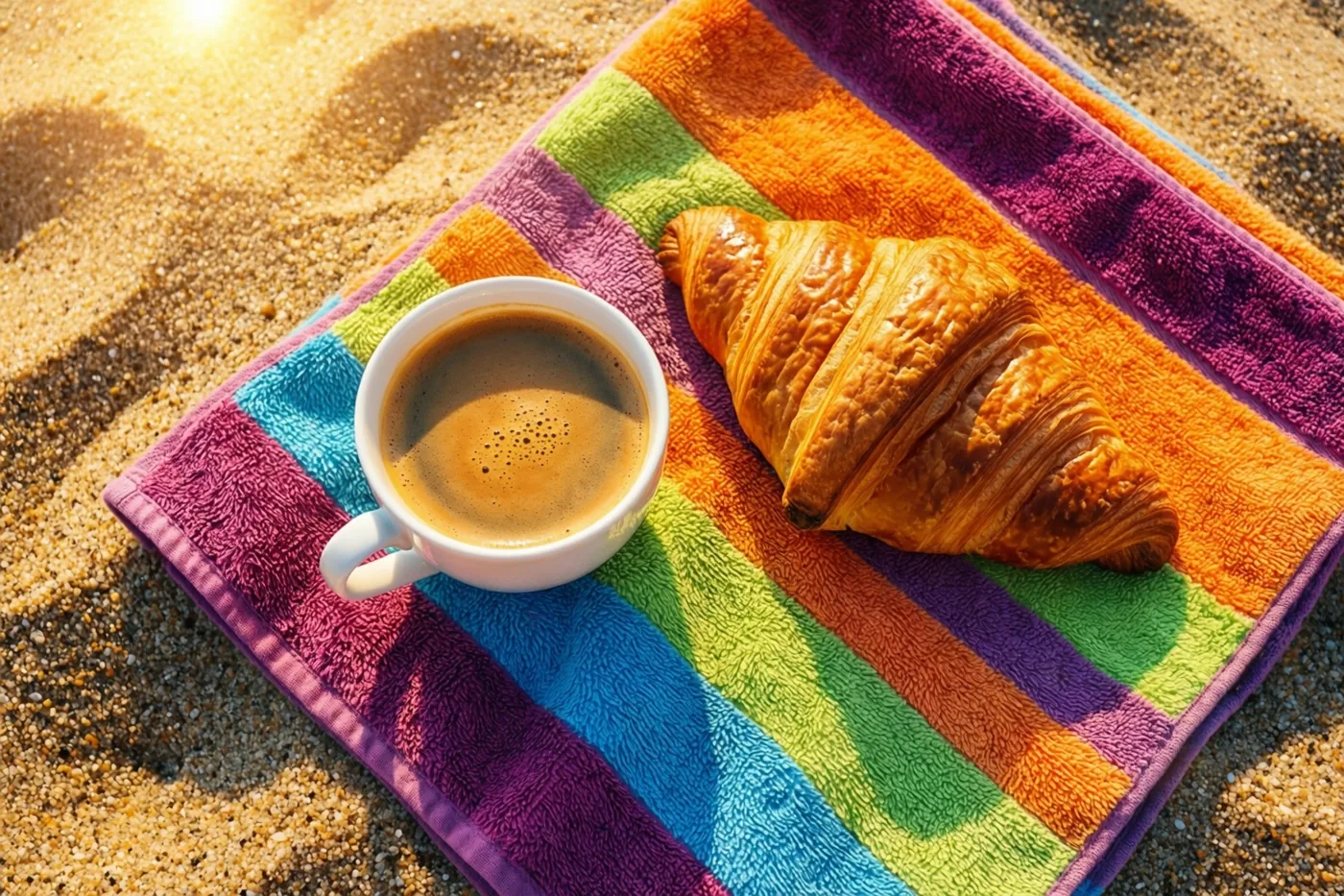 Een witte kop koffie en een goudbruine croissant liggen op een kleurrijk gestreepte handdoek op het zandstrand in warm ochtendlicht.
