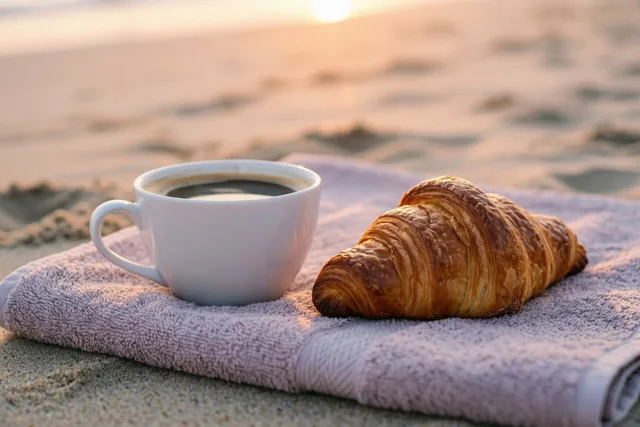 Een witte kop koffie en een goudbruine croissant liggen op een lichtpaarse handdoek op het zandstrand in het zachte licht van de zonsopgang.
