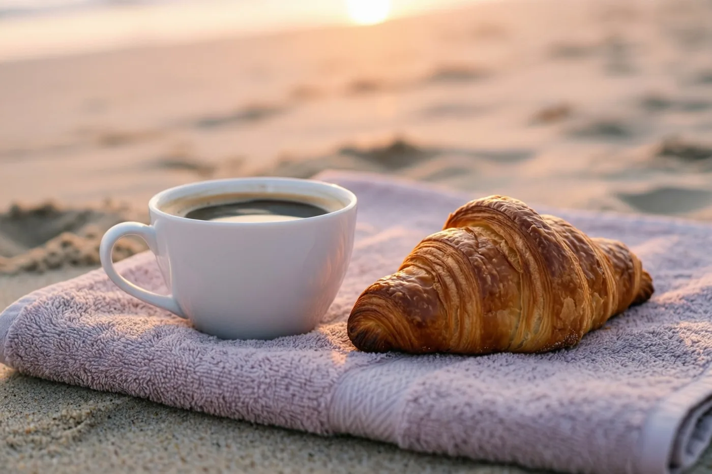 Een witte kop koffie en een goudbruine croissant liggen op een lichtpaarse handdoek op het zandstrand in het zachte licht van de zonsopgang.