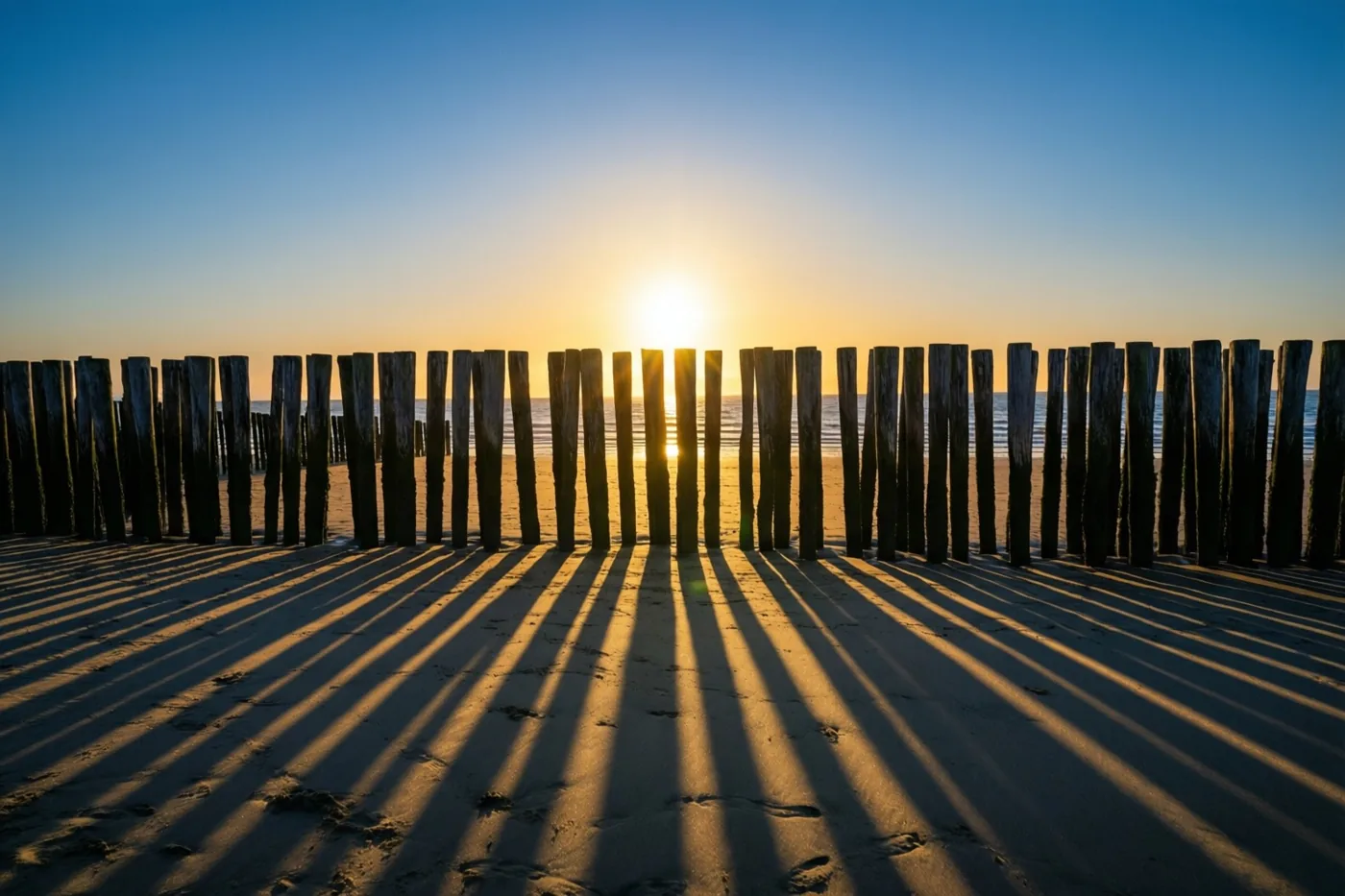 Houten strandpalen werpen lange schaduwen over een zandstrand onder een heldere blauwe hemel, met de zee op de achtergrond in goudkleurig licht van de lage herfstzon.