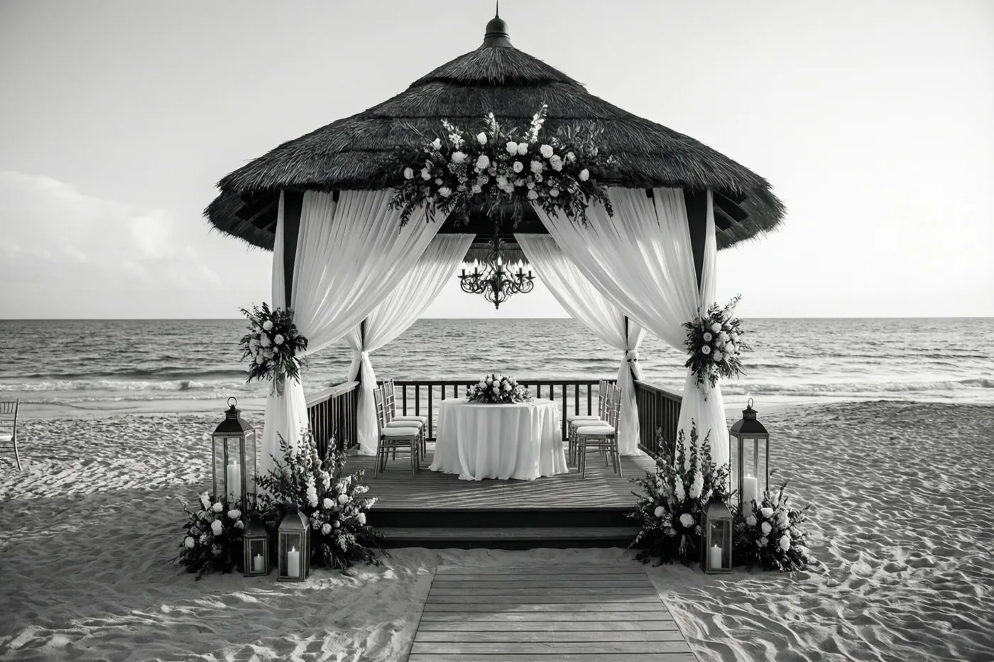 Een zwart-witfoto toont een strandpaviljoen met een rieten dak, witte doeken, bloemstukken en lantaarns, met een houten looppad in het zand en de zee erachter.