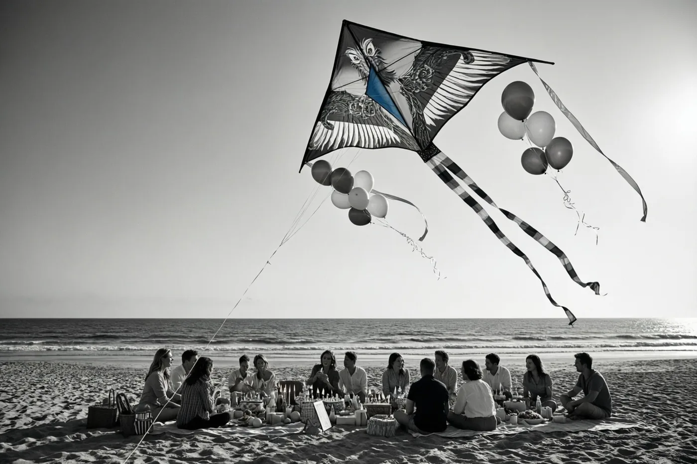 Een groep mensen houdt een verjaardagspicknick op een zandstrand, met een grote sierlijke vlieger en ballonnen in de lucht, in zwart-wit.