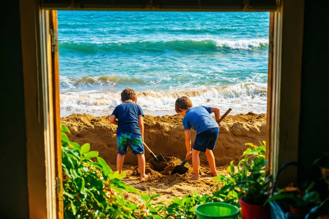 Door een open houten deuropening zijn twee kinderen van achteren te zien die een zanddijk graven bij de golven, met groene planten vooraan en een felblauwe zee erachter.