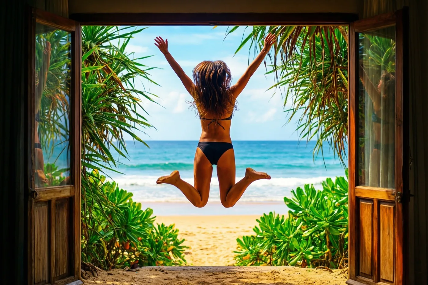 Door een open houten raam is een persoon in een zwarte bikini van achteren te zien die met opgeheven armen op het strand springt, met palmbladeren en de zee erachter.