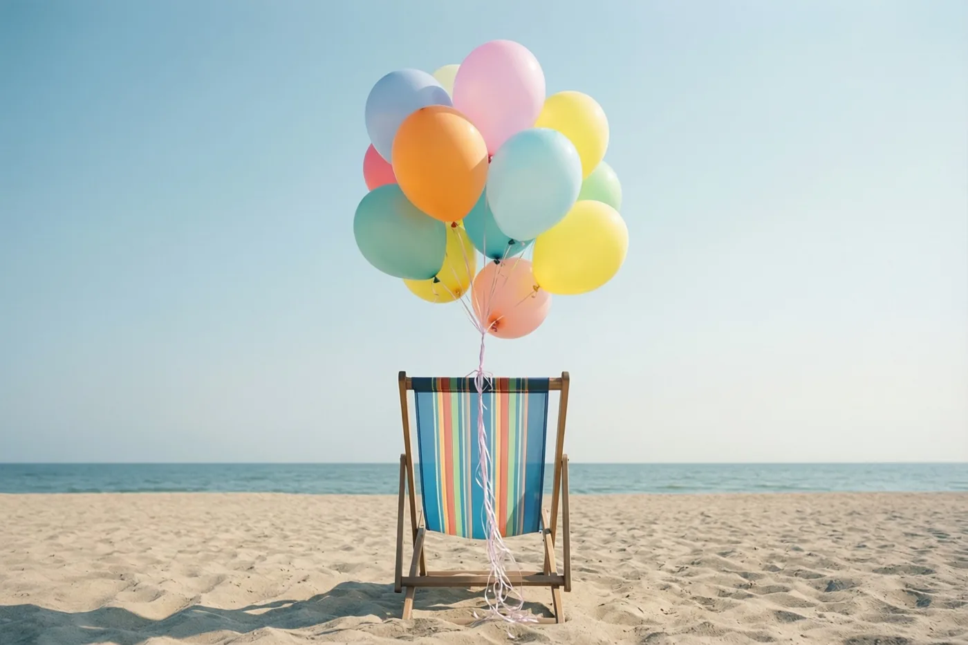 Een strandstoel met kleurrijke ballonnen staat op een breed zandstrand naast de zee onder een helderblauwe lucht, in een tafereel met pastelkleuren en primaire kleuren.