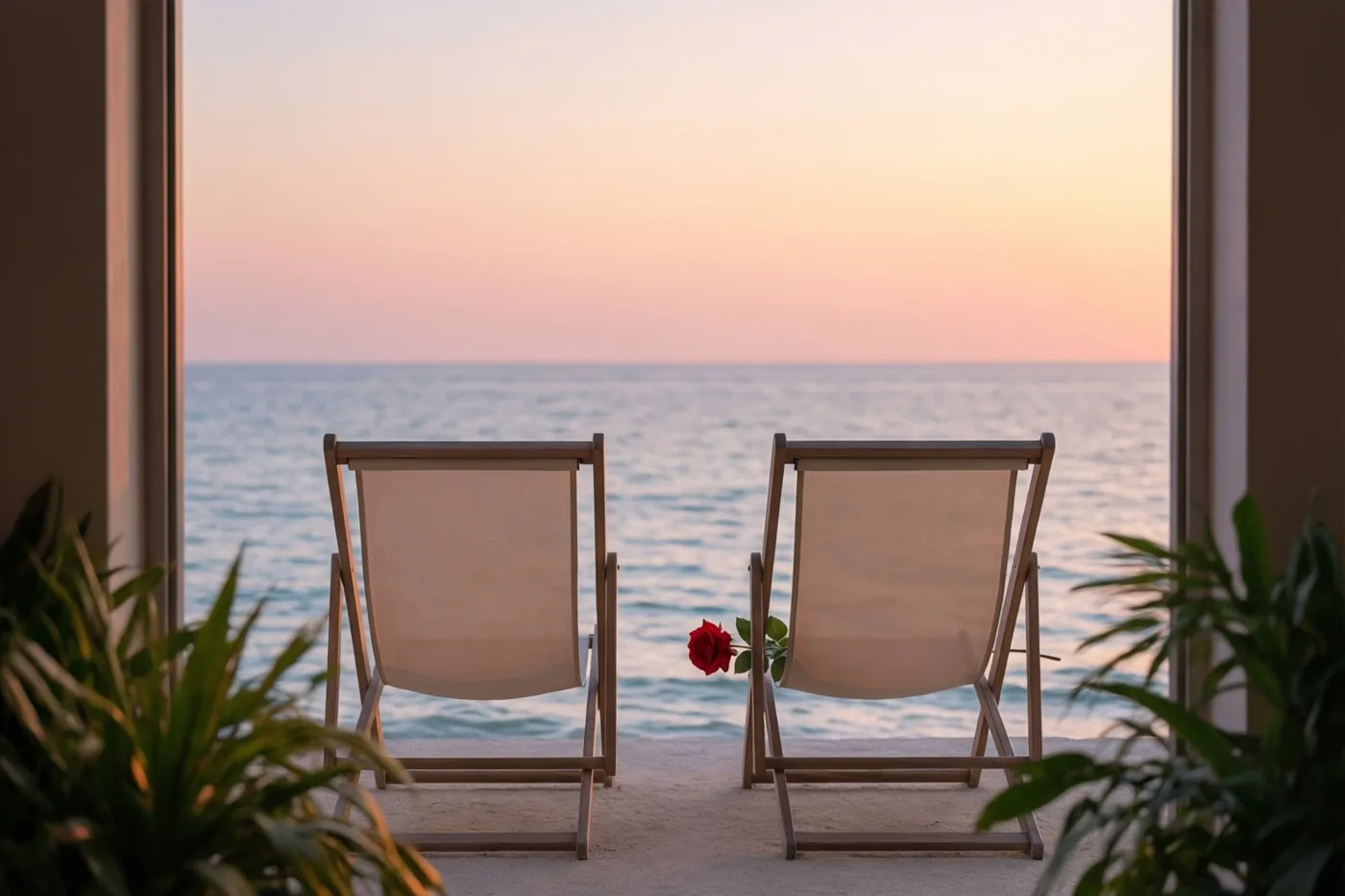 Door een raam met groene planten aan weerszijden zijn twee lege strandstoelen te zien bij de zee tijdens zonsondergang, met een rode roos op de rechterstoel.