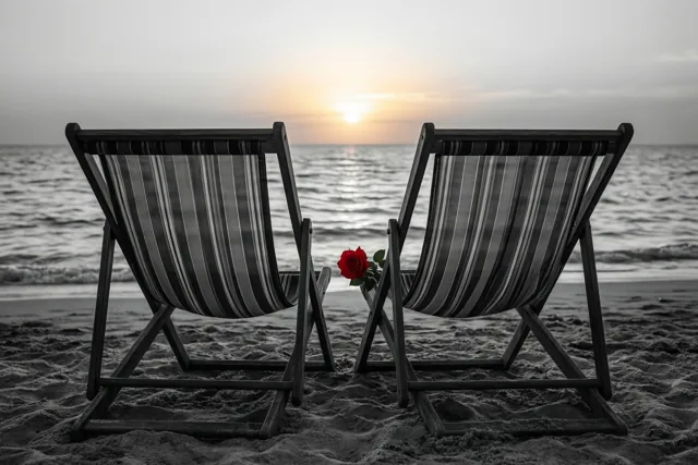 Twee gestreepte strandstoelen staan naar de zee gericht bij zonsondergang, met een rode roos op de rechterzitting in een verder zwart-wit beeld met een warme zonnegloed.