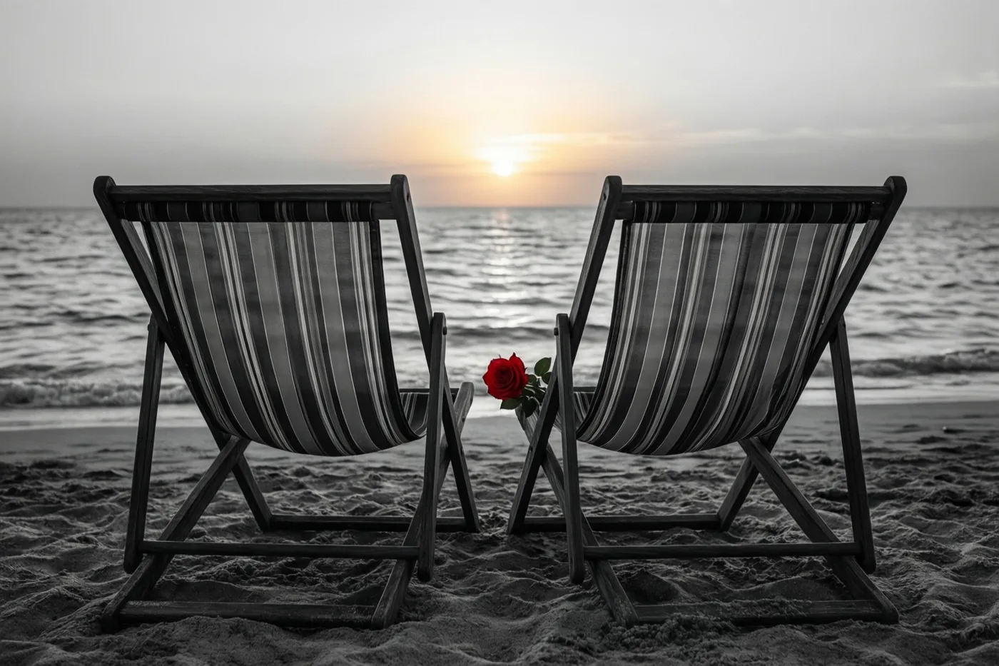 Twee gestreepte strandstoelen staan naar de zee gericht bij zonsondergang, met een rode roos op de rechterzitting in een verder zwart-wit beeld met een warme zonnegloed.
