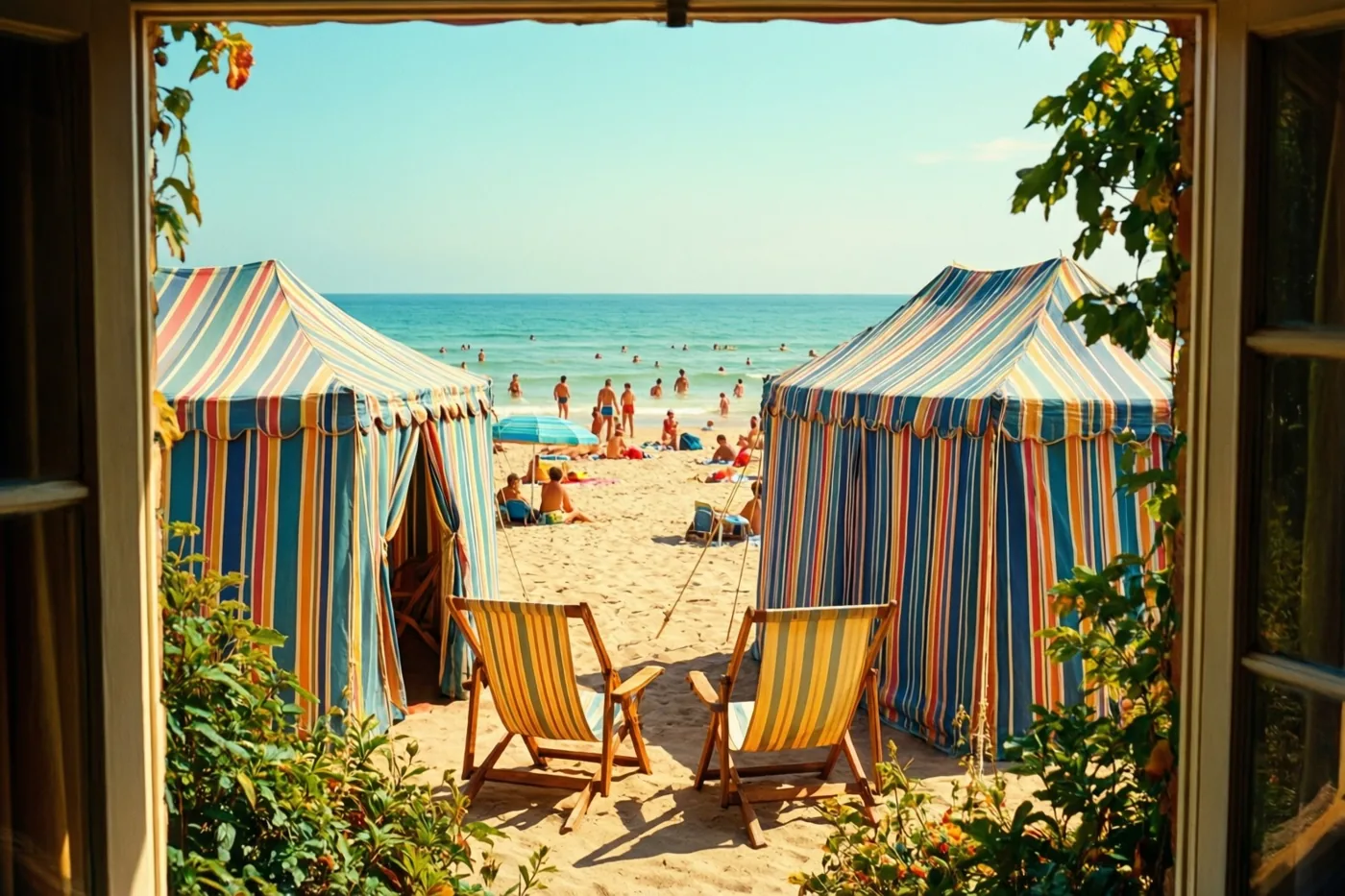 Door een raam zijn twee gestreepte strandtenten en houten ligstoelen op het zand te zien in een strandtafereel uit de jaren zestig met blauwe, gele en oranje tinten.
