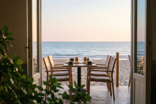 Door een open deuropening is een strandterras met een houten tafel, koffiekopjes en stoelen te zien, met de zee erachter in zacht ochtendlicht en beige, blauwe en groene tinten.