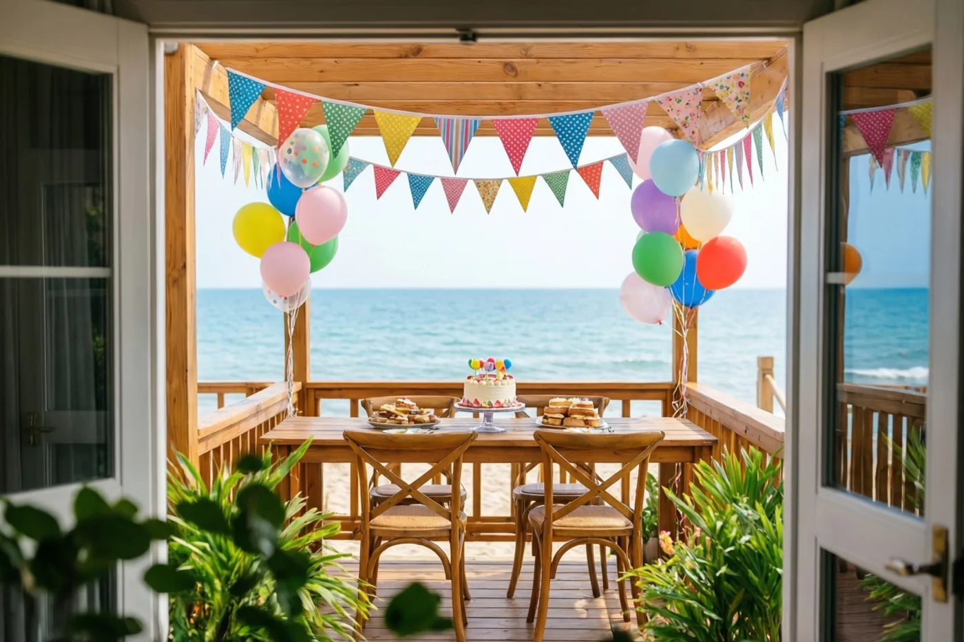 Een houten strandbarterras met kleurrijke vlaggenlijnen en ballonnen kijkt uit op zee, met een taart en hapjes op tafel.