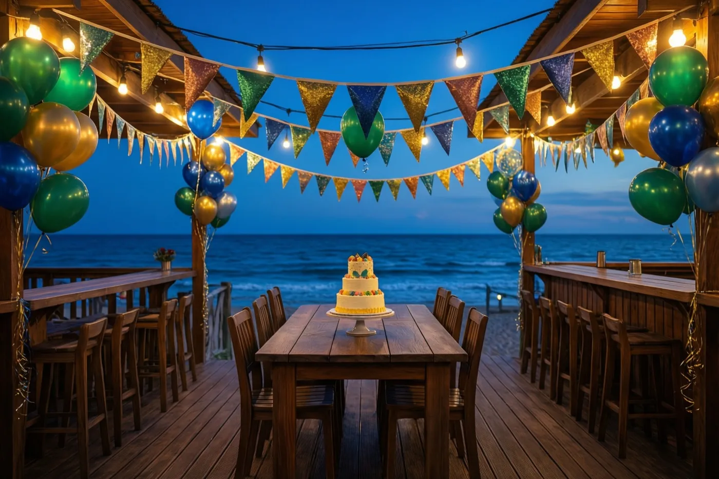 Op een houten strandbarterras met kleurrijke vlaggenlijnen en ballonnen staat een taart met meerdere lagen onder lichtslingers, met de zee en een diepblauwe avondlucht erachter.