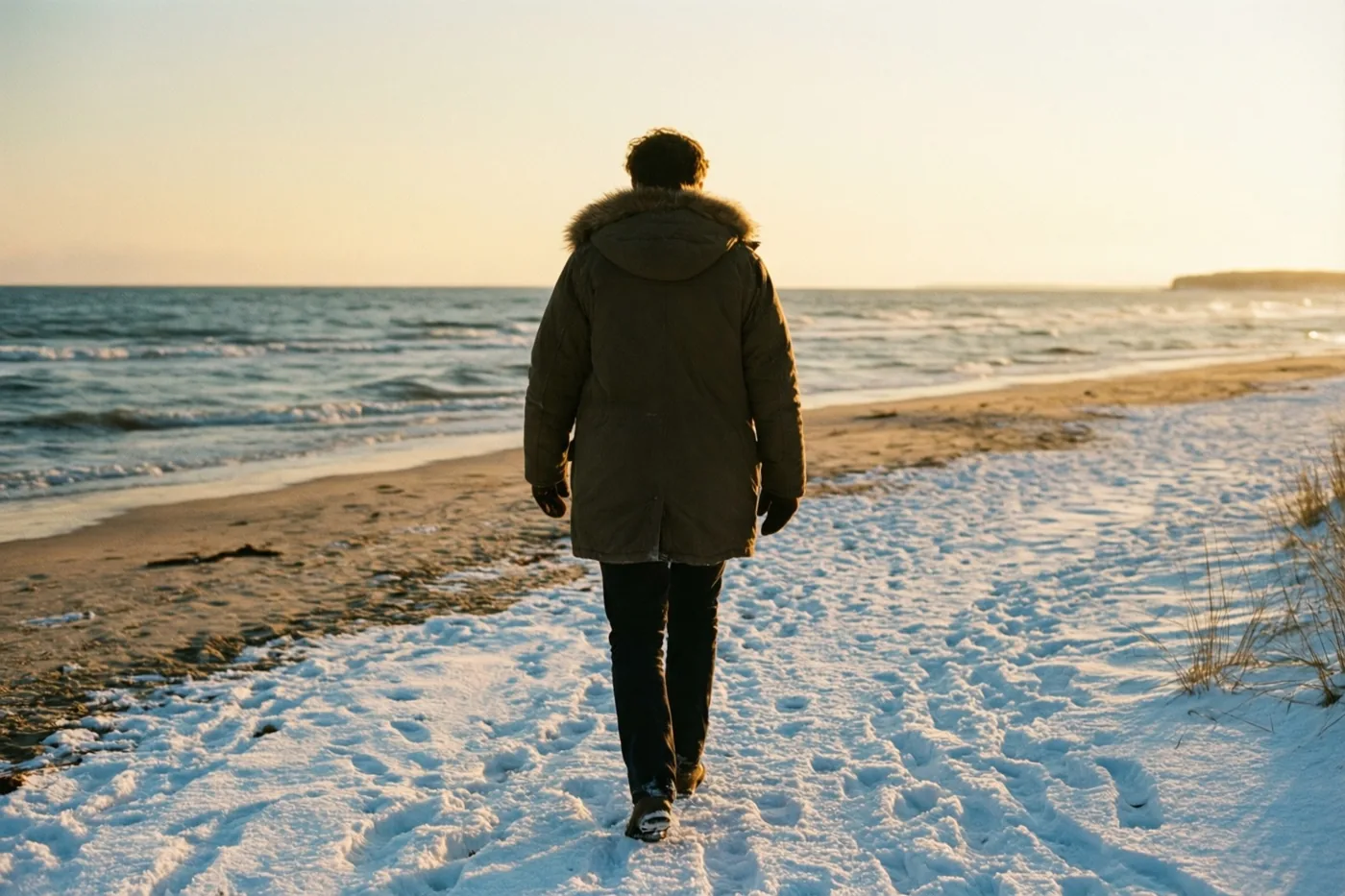 Een persoon in een dikke donkere jas met een met bont gevoerde kap loopt van de kijker weg over een besneeuwd strand naar zee, in het gouden licht van een lage zon.
