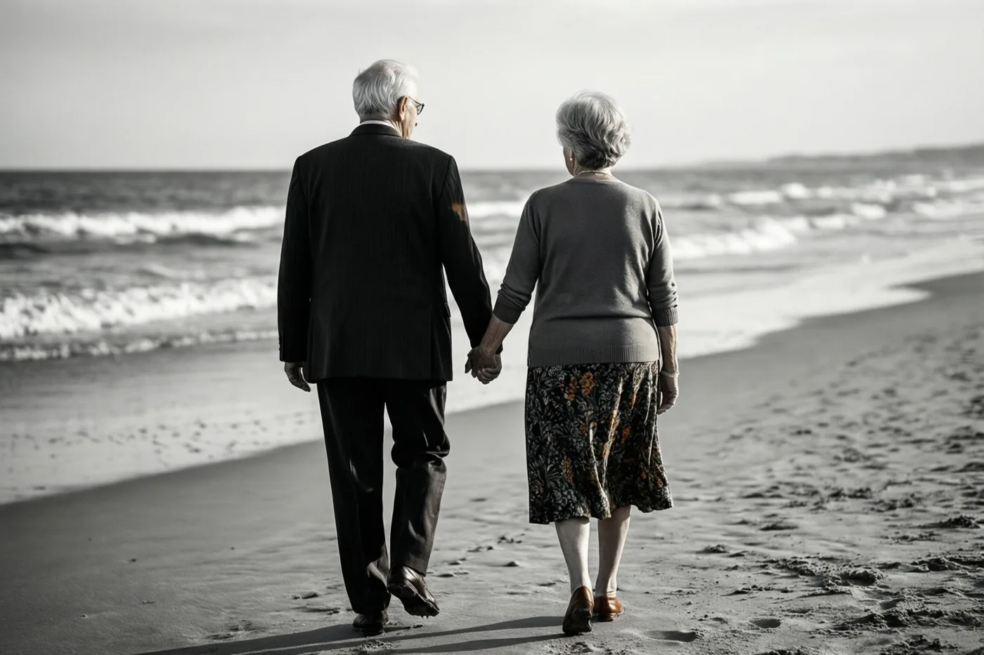 Een ouder koppel wandelt hand in hand op het strand, van achteren gefotografeerd in zwart-wit met lichte sepiatinten.