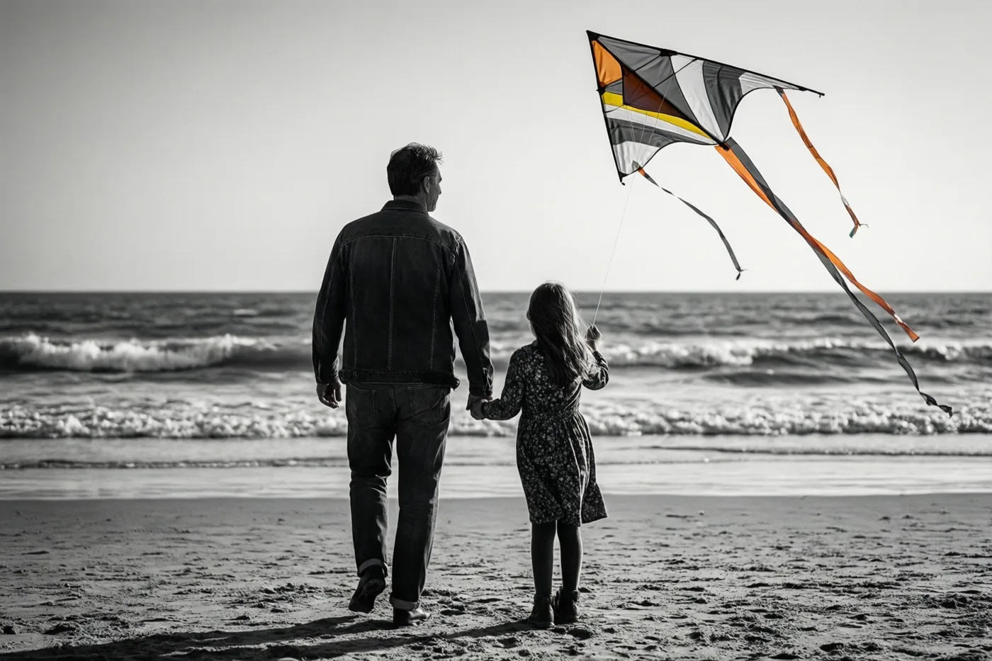 Een vader en dochter wandelen van achteren gezien over een strand terwijl ze vliegeren, in een grotendeels zwart-witbeeld met een oranje, grijze en witte vlieger.