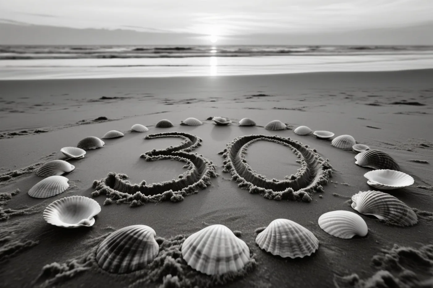 Een zwart-witfoto toont het getal 30 in strandzand tussen schelpen bij zonsondergang.