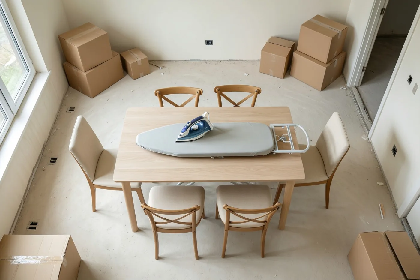Een strijkplank staat op een eettafel in een lege, pas gerenoveerde kamer met kale muren en een onafgewerkte vloer, met stapels dozen als stoelen rondom.