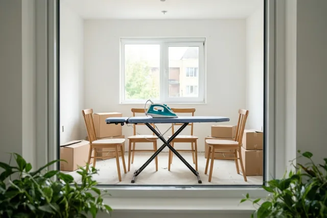 Nieuw huis, strijkplank als tafel
