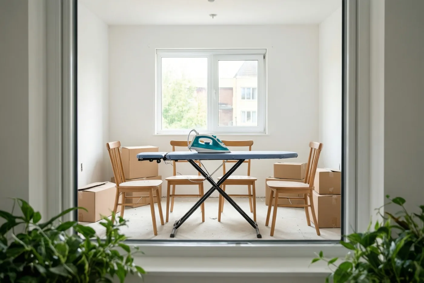 Door een raamkozijn met groene planten op de voorgrond is een strijkplank als eettafel te zien, met opgestapelde kartonnen dozen als stoelen in een lichte, lege kamer.